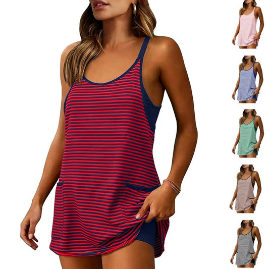👗📏✨ OFFRE LIMITÉE 50% DE RÉDUCTION! Robe Tankini à Rayures Taille Haute – Gainant, Poches Latérales, Modeste et Élégante – Rayures Verticales Affinantes, Idéale pour les Croisières et les Vacances au Club 🛳️☀️