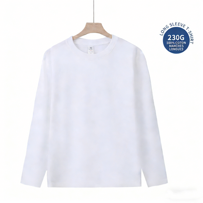 T-shirt blanc à col rond et manches longues, 100 % coton épais, 230 g/m² (un basique minimaliste d'inspiration française qui se marie facilement avec un pantalon pour un look décontracté)