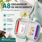 💊🛒 -50% ! 🗂️Organisateur de Médicaments A8 Étanche – 14 Grandes Pochettes Zippées, Code Couleur & Design Discret.