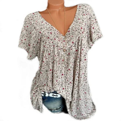 💎 50% DE RÉDUCTION ! T-Shirt Été Col V Femme – Imprimé Floral, Tissu Respirant 🌸🌿【Stock Limité】