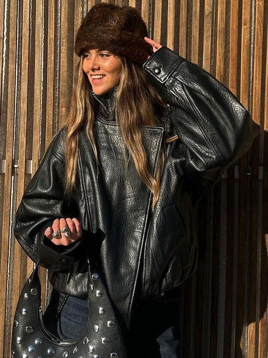 🔥 Style Audacieux & Surdimensionné | Veste Moto en Similicuir Noir 🖤【Vente Flash】