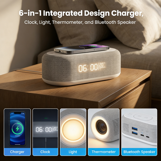 🎶 -50% – Charge, écoute et illumine ! Chargeur sans fil 6-en-1 25W – Haut-parleur intégré et lampe réglable pour chevet 🛌💡 【Vente Flash】