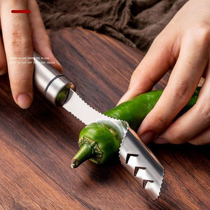 🫑🔪 Vide-Poivron & Épépineur en Inox 304 – Lame Dentelée Précise, Dénoyautage en 1 Torsion & Protection des Doigts ✨