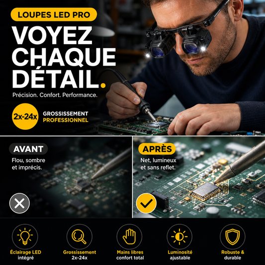 🔬💡 Loupe Frontale Binoculaire LED (2× à 25×) – Grossissement Précis, Éclairage Uniforme et Travail Mains Libres