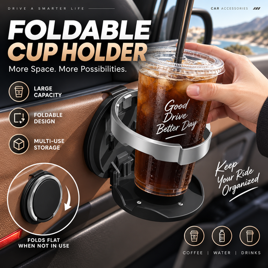 🚗☕ Porte-Gobelet Pliable pour Portière de Voiture – Grand Diamètre, Similicuir Haut de Gamme et Fixation à Clip