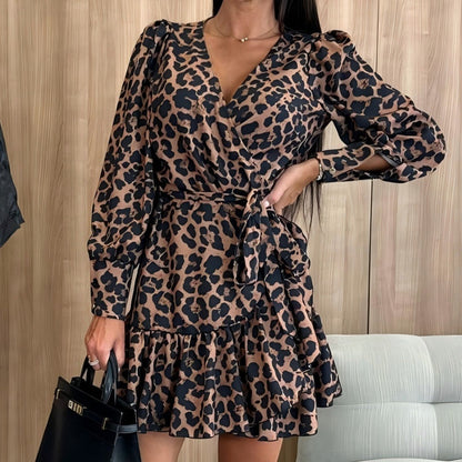 💖 JUSQU'À 50 % DE RÉDUCTION💖Leopard Print Wrap V-Neck Waist Tie Dress