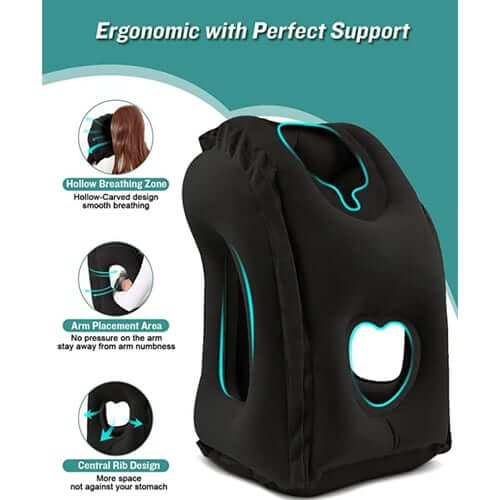 ✈️💤 Oreiller de Voyage Gonflable Ergonomique 45° – Soutien Cervical Naturel, Logement Tête et Bras et Gonflage Express