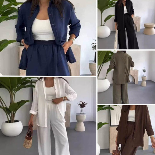 👚👖🌸 OFFRE LIMITÉE 50% DE RÉDUCTION! Ensemble Chemise Lâche Unie & Pantalon Large pour Femme – Style Sans Effort, Tissu Doux, Confort Toute la Journée – Parfait pour les Sorties Décontractées, les Rendez-vous Café ou les Courses 🛍️☕