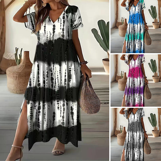 ✨🦋 OFFRE LIMITÉE 50% DE RÉDUCTION! 🌸Robe douce col V dégradé – Tissu soyeux & fentes latérales – Élégance sans effort tout l'été.