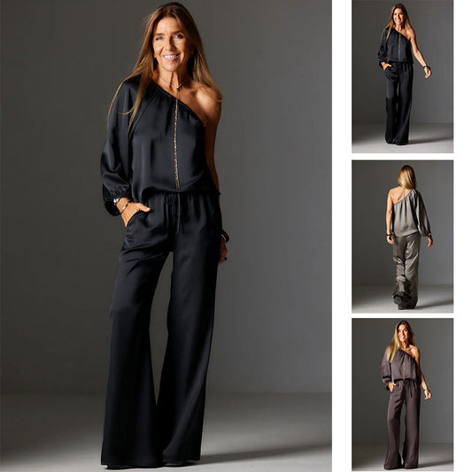 🎄Sale de Noël 68% de réduction ! 💖💖Tenue de soirée en satin – Haut une épaule et pantalon élégant💃【S-3XL】