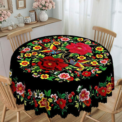 🌸🛒 -50% ! 🏵️Nappe Mexicaine à Fleurs Bord Festonné – Polyester, Anti-Déversement & Imprimé Vibrant