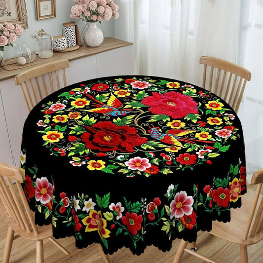 🌸🛒 -50% ! 🏵️Nappe Mexicaine à Fleurs Bord Festonné – Polyester, Anti-Déversement & Imprimé Vibrant