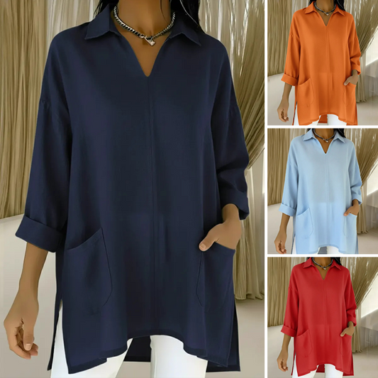 🛍️ Chic Pratique Quotidien - Haut Tunique Femme à Poches et Revers - Style Décontracté & Élégant 【Indispensable Polyvalent】