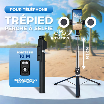 📸✨ Trépied Perche à Selfie Extensible 165 cm | Télécommande Bluetooth, Rotation 360° & Lumière Intégrée