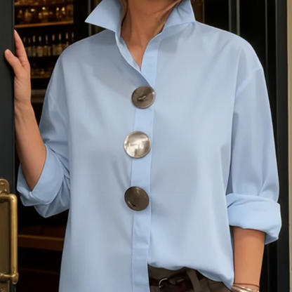 💐60% DE RÉDUCTION ! Chemise Oversize à Boutons Décoratifs – Col Montant & Ourlet Courbé 👚💫【Offre Limitée】