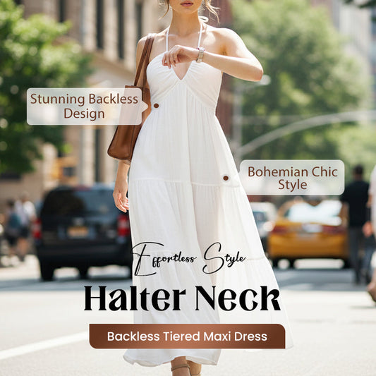 💐60% DE RÉDUCTION ! Robe Maxi Imprimé Été – Col Licou, Coupe Fluide & Style Bohème 🌸✨【Prix Exceptionnel】