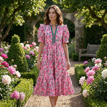 💐50% DE RÉDUCTION ! Robe Longue à Volants Florale – Manches Bouffantes, Confortable 🌸✨【Offre Limitée】