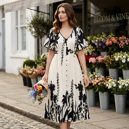 💐50% DE RÉDUCTION ! Robe à Col V & Imprimé Floral – Style Naturel, Look Frais 🌿🌼【Offre Spéciale】