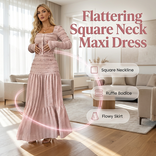 💐60% DE RÉDUCTION ! Robe Longue à Volants – Corsage Froncé & Encolure Carrée 🌺💎【Édition Limitée】