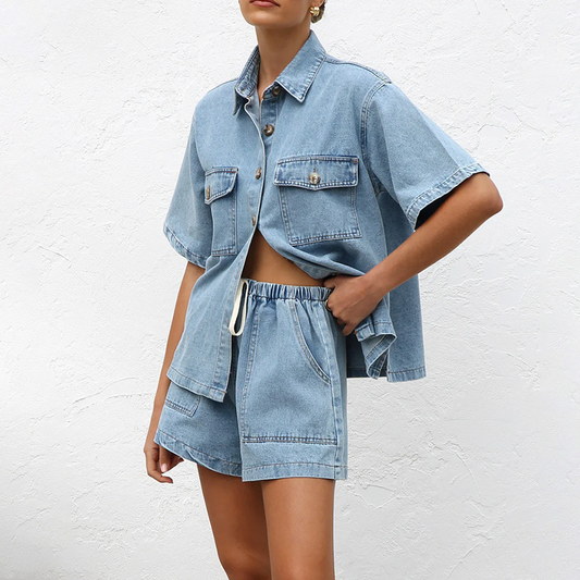 🏖️👚🌊 OFFRE LIMITÉE 50% DE RÉDUCTION! Ensemble Chemise et Short Denim Assorti – Look Vacances Prêt à Porter, Doux et Respirant 🧺☁️