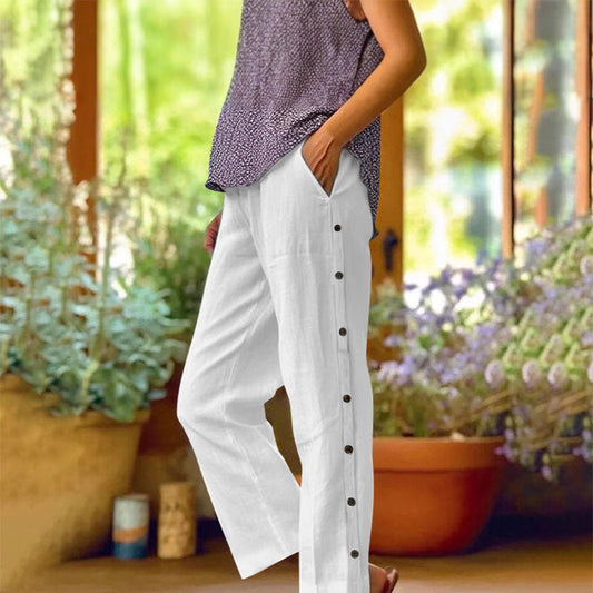 👖🌸✨ OFFRE LIMITÉE 50% DE RÉDUCTION! Pantalon 7/8 Décontracté de Couleur Unie avec Boutons Latéraux – Coupe Ample, Détail Latéral Tendance, Facile à Accessoiriser – Parfait pour les Jours Décontractés, le Télétravail ou les Sorties du Week-end 🛋️🌿