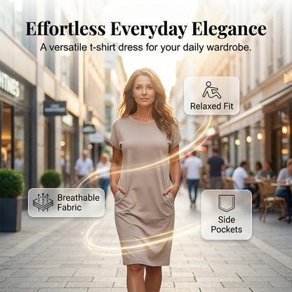 👗🌸😌 OFFRE LIMITÉE 50% DE RÉDUCTION! Robe T-Shirt Douce pour Femme – Avec Poches, Coupe Midi, Légère & Confortable – Parfaite pour Sorties du Week-end, Courses ou Détente à la Maison 🛍️☁️