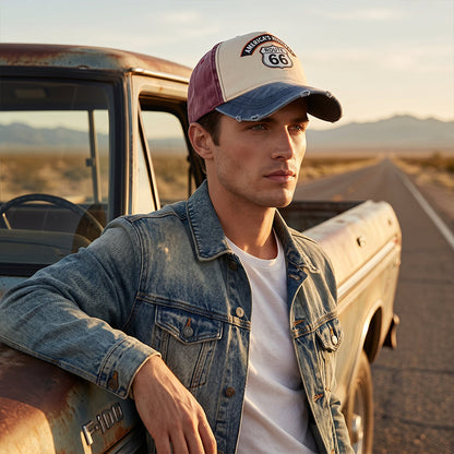 💐 PROMO EXCEPTIONNELLE -40% ! Casquette Moto Vintage Route 66 – Jean délavé, Double coutures 🧥✨ 【Qualité Premium】
