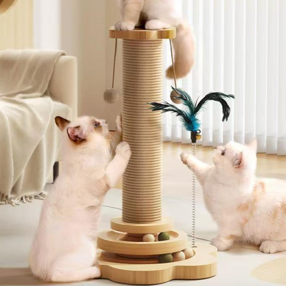 🐾🛒 -50% ! 🐈Centre d’Activités pour Chat – Bois Massif & Sisal, Griffoir, Piste à Billes & Jouet à Plume