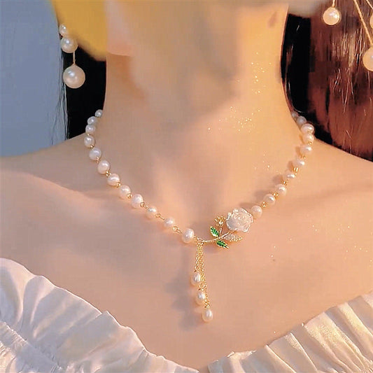 🥳PROMO FLASH 50%✨Ensemble Collier & Boucles d'Oreilles Rose & Perles – Alliage, Zircon, Boîte Cadeau, Parfait pour Mariage, Soirée & Photos💍