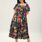 ⏰Soldes d'été : 50 % de réduction💃Robe midi à fleurs, col carré et smocks, avec poches