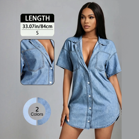 👖👔 OFFRE LIMITÉE 50% DE RÉDUCTION! Chemise Courte en Denim à Col Tailleur Ample pour Femme – Coupe Oversized Relaxée, Coton Respirant, Parfaite à Porter par-dessus T-shirts ou Robes 🌸🍃