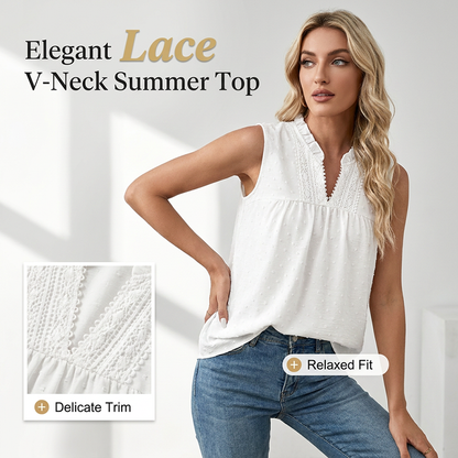 Women’s Polka-Dot Sleeveless Top with Lace V-Neck