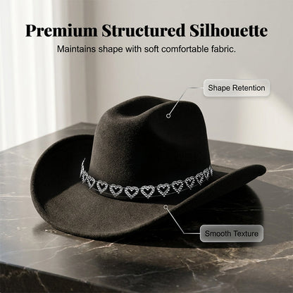 🤠 PROMO LIMITÉE 50% DE RÉDUCTION ! 💥 Chapeau Cowboy Strass Cœur Femme – Scintillant, Accents Cœur, Festival Prêt ✨