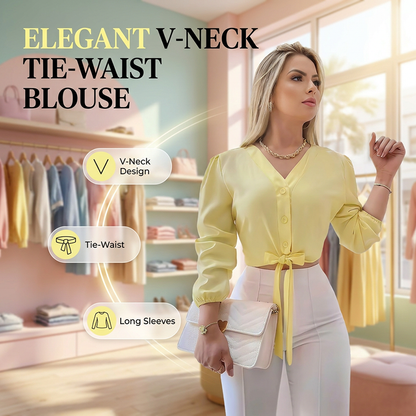 👗🌸✨ OFFRE LIMITÉE 50% DE RÉDUCTION! Haut Élégant à Col en V et Taille Nouée pour Femme – Style Portefeuille Flatteur, Tissu Doux, Chic Sans Effort – Parfait pour le Bureau, Déjeuners & Brunch du Week-end 💼🥗🌿