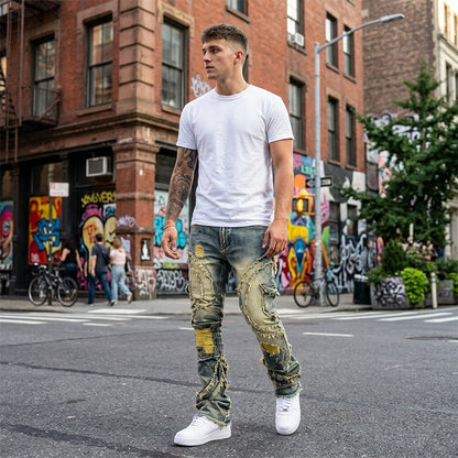 👖 PROMO LIMITÉE 50% DE RÉDUCTION ! 💥 Jean Stretch Jambes Évasées Homme – Effet Usé, Lavage Vintage, Patchwork ✨