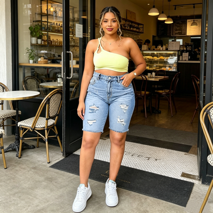 👖 OFFRE LIMITÉE -50% ! 💥 Short en Jean Déchiré Grande Taille Femme – Détails Effilochés, Haute Élasticité, Taille Mi-Haute ✨