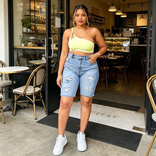 👖 OFFRE LIMITÉE -50% ! 💥 Short en Jean Déchiré Grande Taille Femme – Détails Effilochés, Haute Élasticité, Taille Mi-Haute ✨