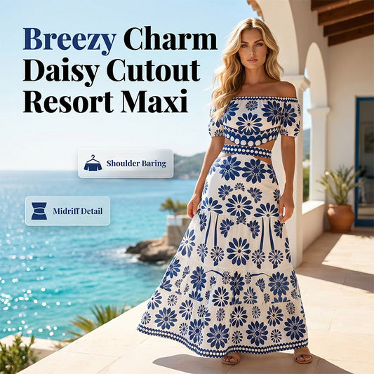 🌺🌴🍹 OFFRE LIMITÉE 50% DE RÉDUCTION! Robe de Resort Imprimé Daisy à Épaules Dénudées et Découpe à la Taille pour Femme – Silhouette Fluide, Charme Floral, Légère & Aérée – Parfaite pour Vacances à la Plage, Croisières & Escapades Estivales ☀️🌸