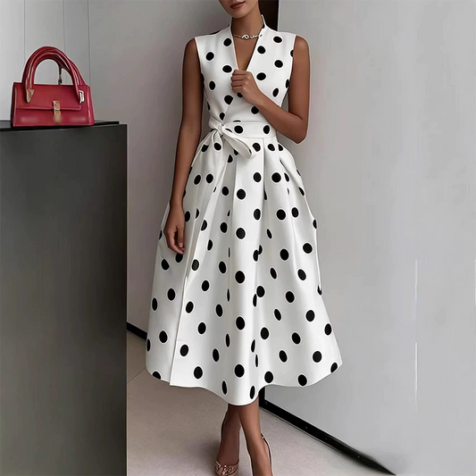 👗💕🦋 OFFRE LIMITÉE 50% DE RÉDUCTION! Robe Sans Manches Col V à Pois Avantageuse – Taille Cintrée, Jupe Évasée, Charme Rétro – Met en Valeur Toutes les Silhouettes, Parfaite pour les Rendez-vous ou les Soirées 🌙👠