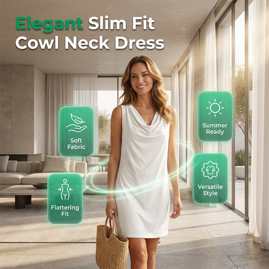 👗🌸✨ OFFRE LIMITÉE 50% DE RÉDUCTION! Robe Élégante Col Claudine Slim Fit – Sans Manches, Encolure Drapée Avantageuse, Poches Latérales – Parfaite pour le Travail, le Brunch ou le Thé de l'Après-Midi 💼🥂