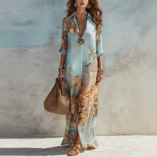 🌺🌿👗 OFFRE LIMITÉE 50% DE RÉDUCTION! Robe Maxi Élégante à Imprimé Rétro – Robe Bohème Fluide avec Col V et Boutonnage, Respirante et Légère – Parfaite pour les Vacances à la Plage, les Fêtes d’Été ou le Chic Quotidien 🌊☀️