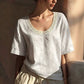 🌸👚 PROMO FLASH 50% ! Blouse d'Été Vintage Dentelle Femme – Col V, Détails Crochet Faits Main, Tissu Coton-Lin Respirant, 5 Coloris, Tailles XS-3XL ✨