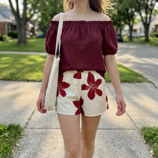 👗☀️ OFFRE LIMITÉE 50% DE RÉDUCTION! Ensemble Haut Décolleté Épaulé et Short Floral pour Femme – Léger et Aérien, Parfait pour les Vacances à la Plage, les Fêtes de Piscine ou les Balades Estivales – Ambiance Vacances Sans Effort 🏖️🍹
