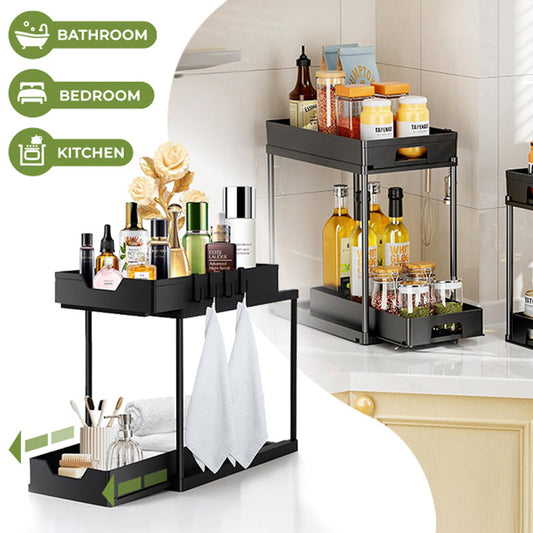 🧺🚿📦 OFFRE LIMITÉE 50% DE RÉDUCTION! Organiseur 2 Niveaux Coulissant Sous Évier pour Salle de Bain – Optimise l’Espace du Placard, Contient Bouteilles, Serviettes et Plus – Gardez Tout Bien Rangé et Facilement Accessible 🛁✨