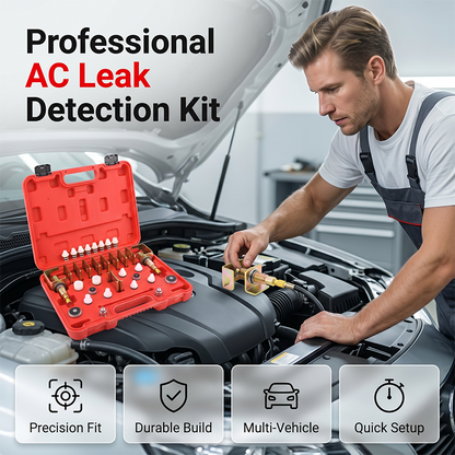 🔧🚗 Kit de détection de fuites de climatisation automobile – Adaptateurs filetés, bouchons multi-tailles et test sous pression
