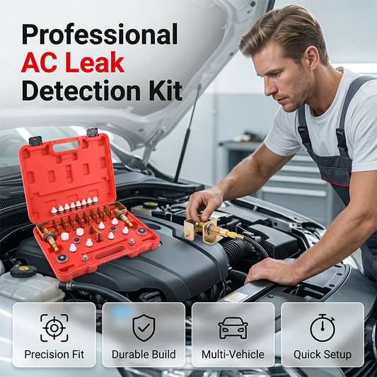 🔧🚗 Kit de détection de fuites de climatisation automobile – Adaptateurs filetés, bouchons multi-tailles et test sous pression