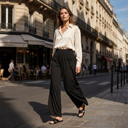 👖 PROMO EXCEPTIONNELLE 50% DE RÉDUCTION ! 🌸 Pantalon Large Décontracté pour Femme – Tissu Milk Silk Fluide, Taille Haute Élastique & Poches Latérales – Léger, Confortable et Chic – Parfait pour l’Été, le Quotidien ou les Voyages ✨🌿☀️