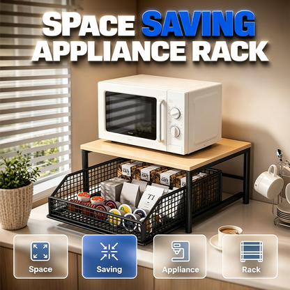 🍳🛒 -50% ! 🏠Support Micro-Ondes 2 Niveaux – Tiroir Coulissant, Fer & Bois & Gain de Place