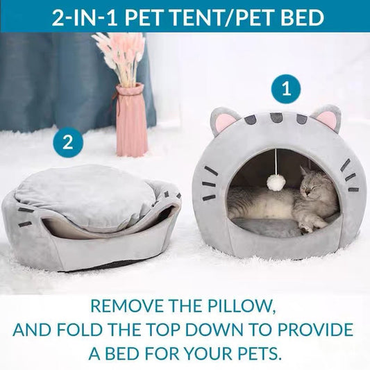🐱🛏️ -50% ! 🏠Lit-Tente 2-en-1 pour Animal – Tissu Doux, Design Dôme & Balle Interactive.
