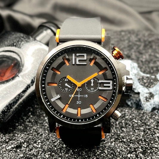 ⌚🛒 -50% ! 🧡Montre Quartz Casual Homme – Bracelet Silicone, Mouvement de Précision & Design Sportif Orange/Noir.